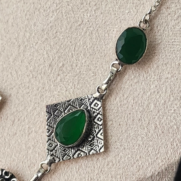 Boho 925 Silver Plated Necklace Earrings Set Seraphinite Pendant Emerald Green - Picture 8 of 8